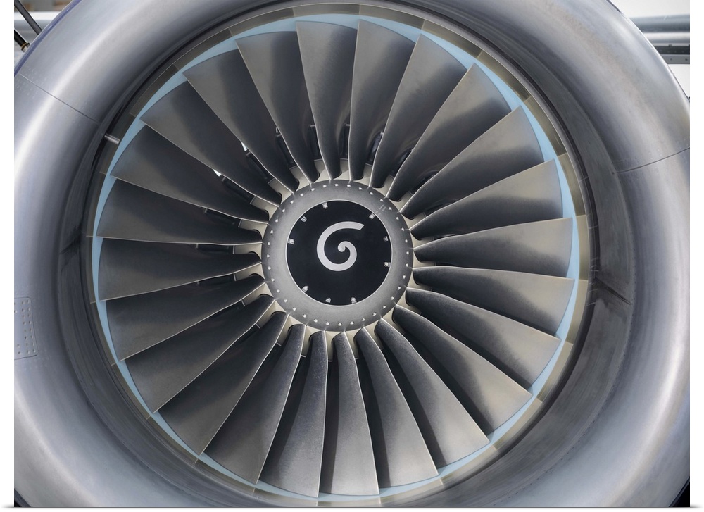 Close up of still jet airplane engine