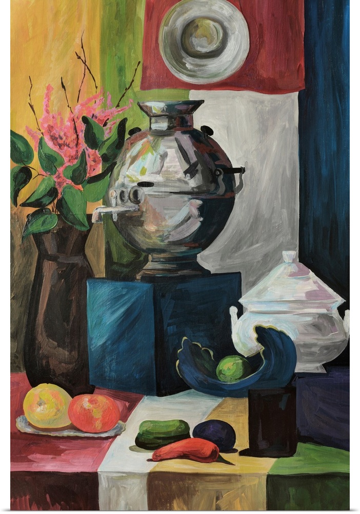 Still life with a samovar, dishes, fruit, and flowers.