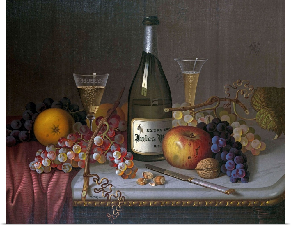 Still Life with a Bottle of Champagne and Two Glasses, with Various Fruit, published by the Louis Prang, Co., New York, c....