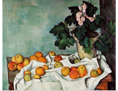 Still Life With Apples And A Pot Of Primroses By Paul Cezanne