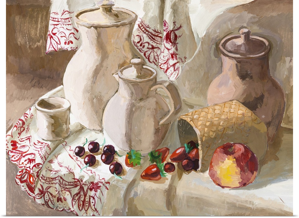 Still life with earthenware jugs, jars, and fresh berries poured out of a birch bark basket.