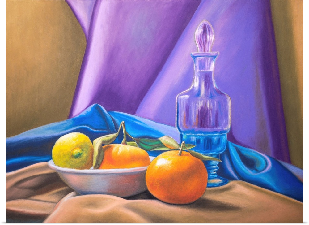 Still life with lemon, tangerines, and some colorful drapery.