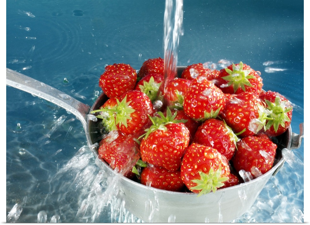 Strawberries washing in sieve, close-up