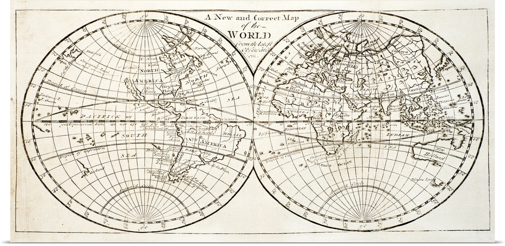 Large antiqued map of the word print with two circles next to each other and the different land masses drawn and labeled i...