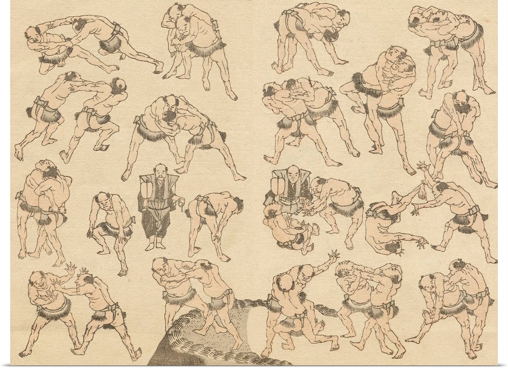 Sketch of sumo wrestlers showing many different holds, from The Hokusai Manga (Random Sketches by Hokusai), a collection o...