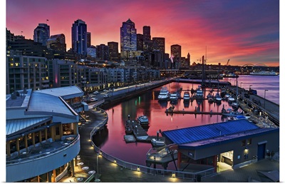 Sunrise at pier 66 looking down on bell harbor on Seattle's waterfront.