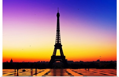 Sunrise over city of Paris and Eiffel Tower.