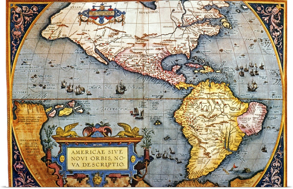 Antique map of North and South America with continents, bodies of water, and longitude and latitude.