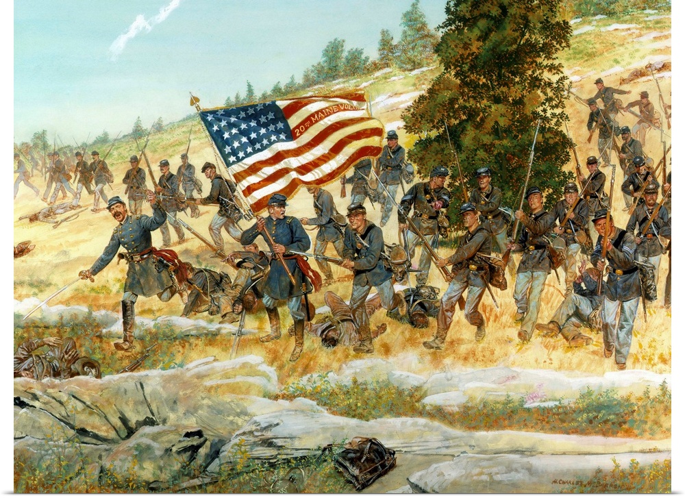 The Twentieth Maine regiment of the Union army charging with their flag in the lead at the Battle of Gettysburg, Pennsylva...