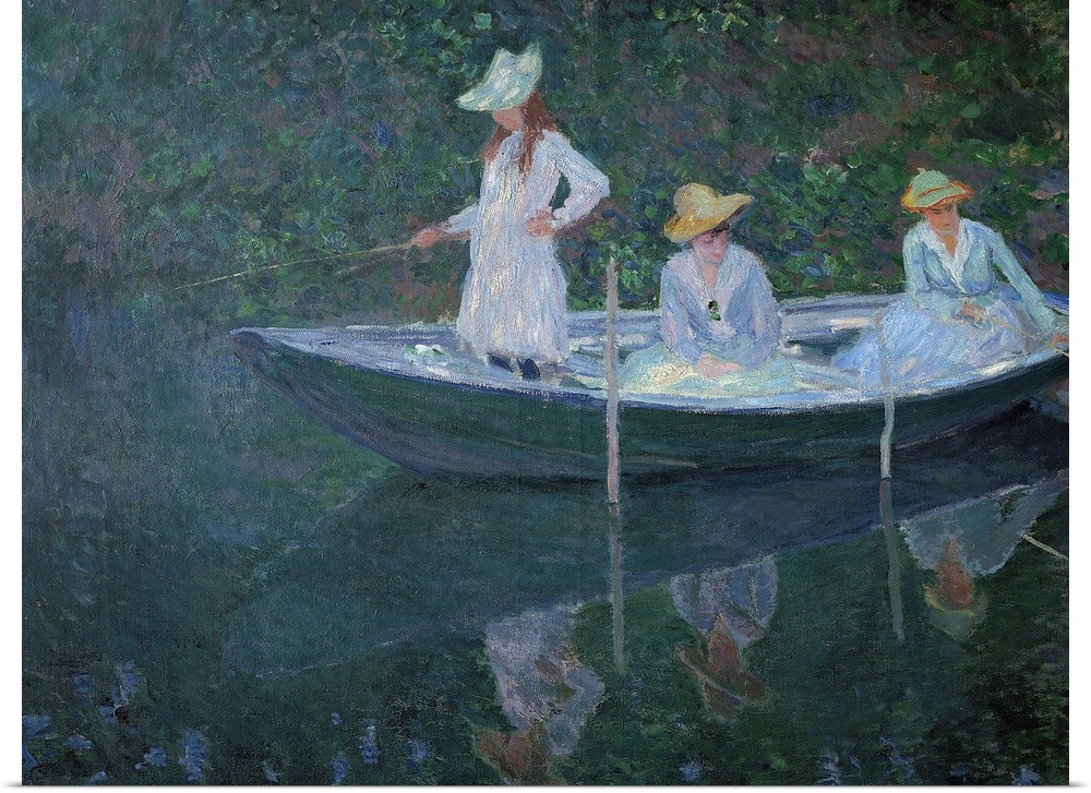 The Boat at Giverny. Portraits of madame Hoschede's daughters, Germaine, Suzanne et Blanche in 1887. Painting by Claude Mo...
