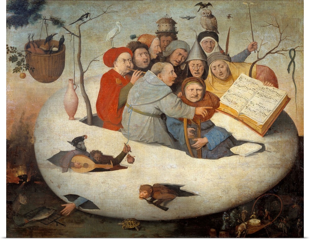 The Concert in the Egg . Satire of alchemy symbolized by the philosophical egg. Painting after Jheronimus Van Aeken (Aken)...