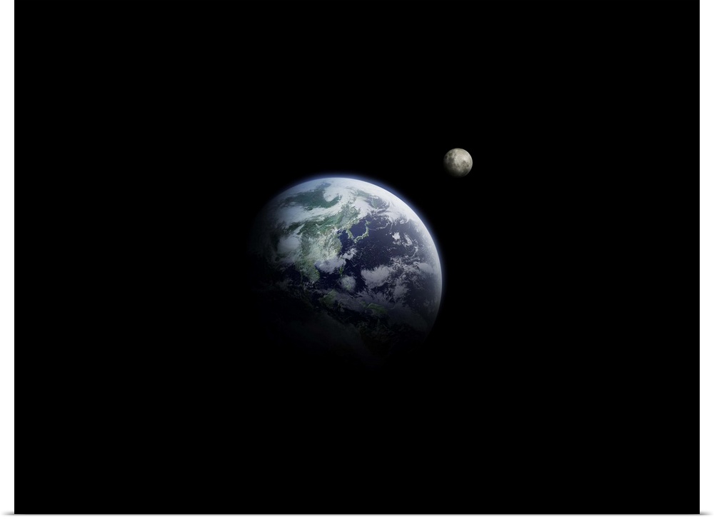 The earth and the moon, computer graphic, black background, copy space