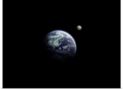 The earth and the moon, computer graphic, black background
