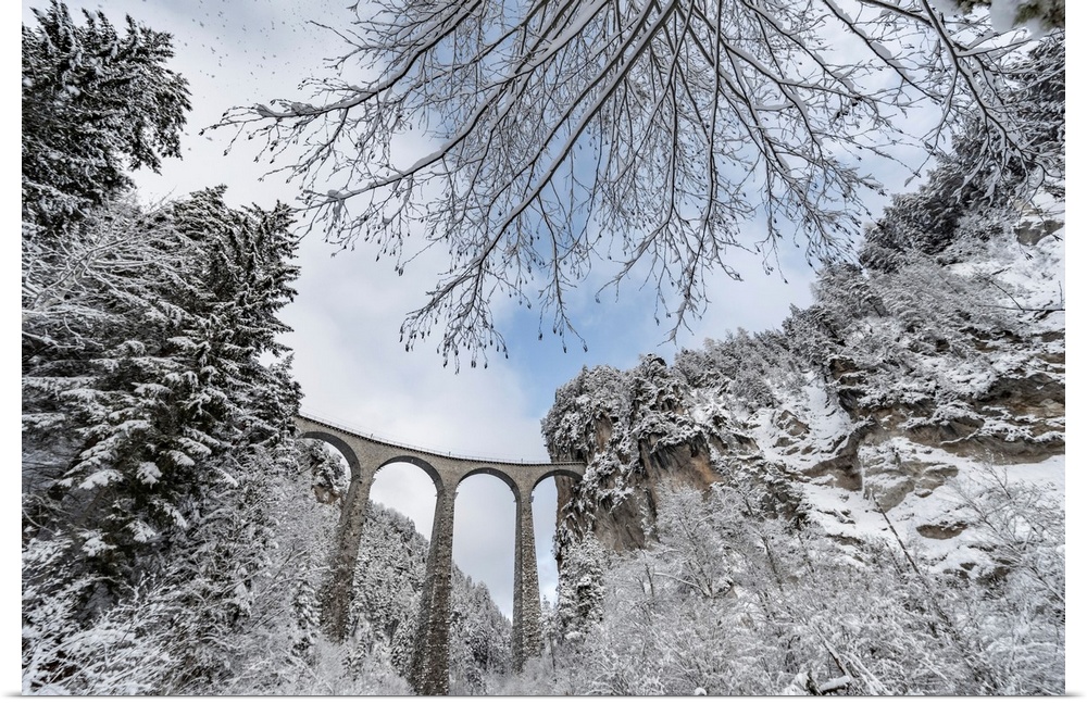 The Landwasser Viaduct with Railway, without famous train, in winter.