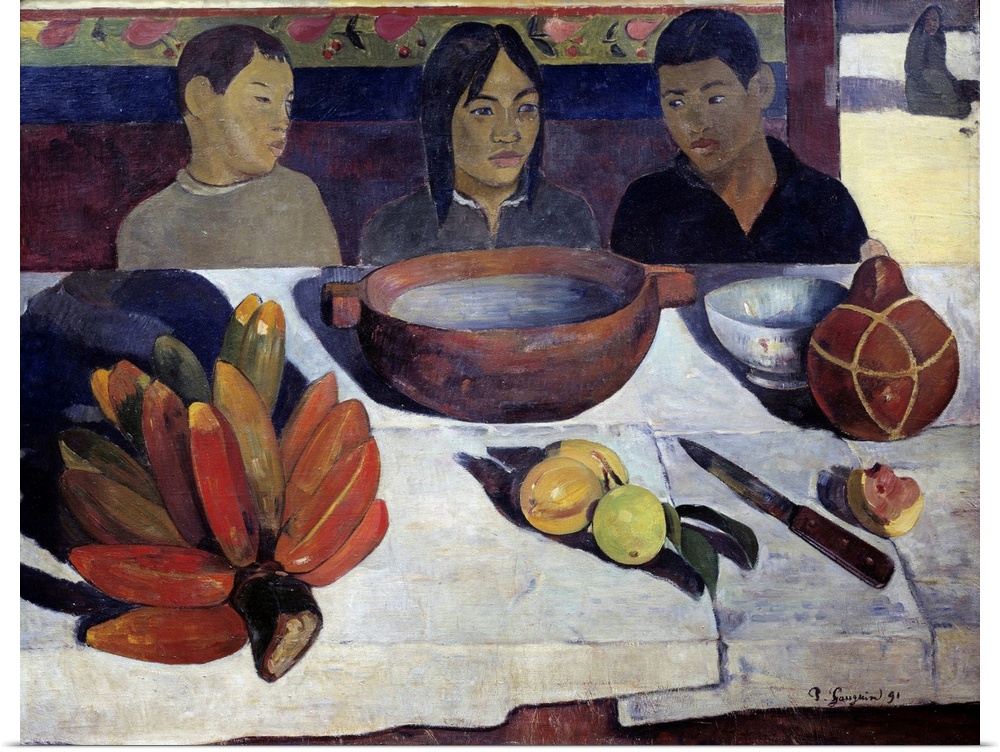 The Meal also called The Bananas. Young Tahitians sitting behind the table. Painting by Paul Gauguin (1848-1903), 1891. Or...