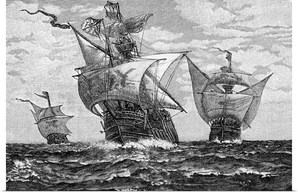 Christopher Columbus' flagship, the Santa Maria, (1451-1506) and his companion ships The Pinta and the Nina approaching la...