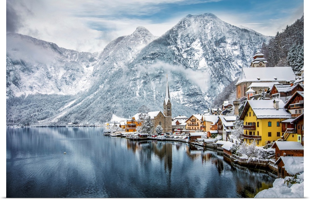 The snow covered village of Hallstatt in the Austrian Alps during winter time
