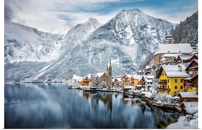 The Snow Covered Village Of Hallstatt In The Austrian Alps
