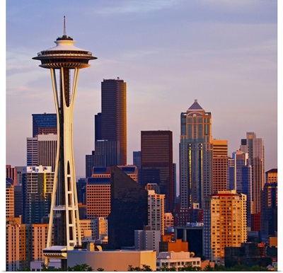 The Space Needle at dusk in Seattle, Washington.