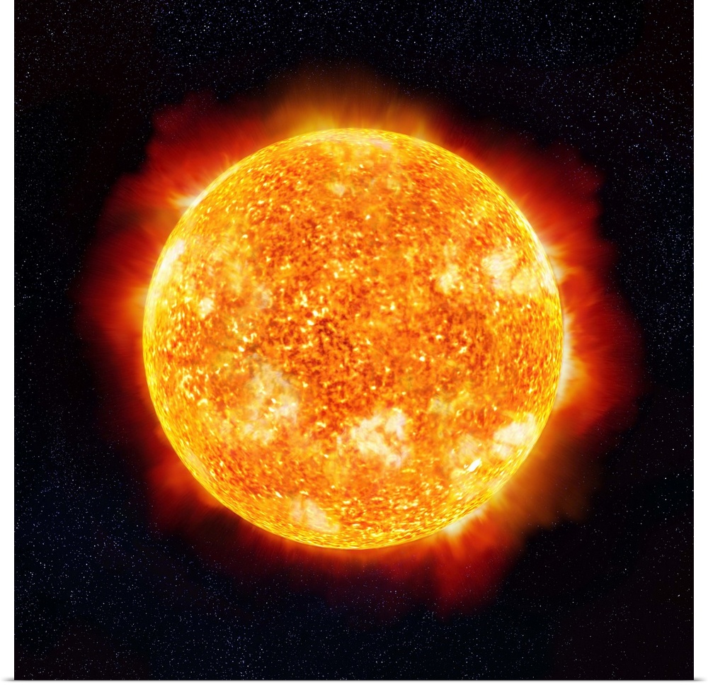 The Sun showing solar flares against a star background. Close-up