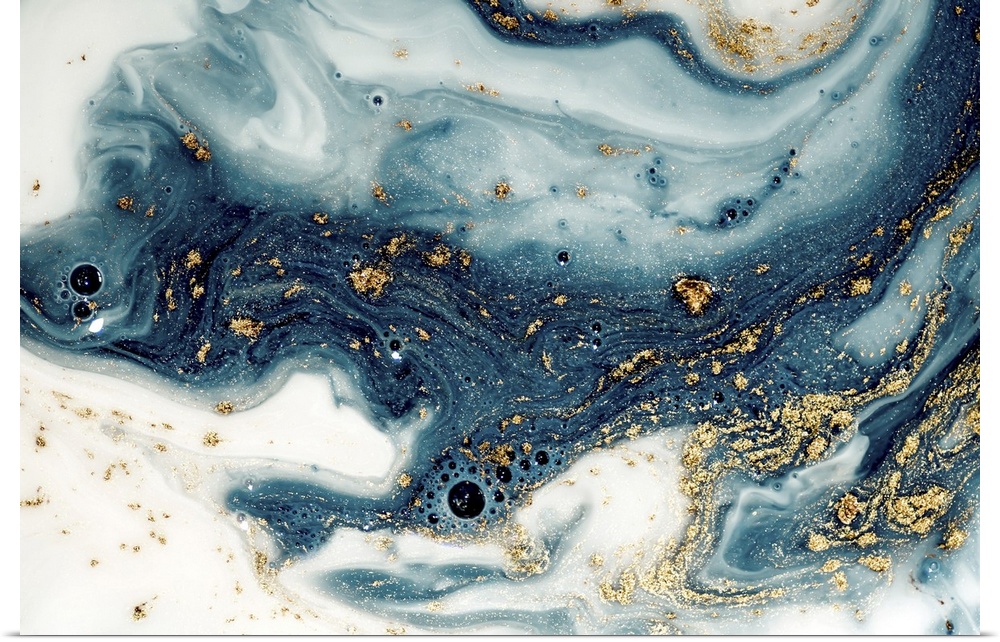 Fluid/liquid art with golden powder and sequins. Marble effect painting. Turkish paper.