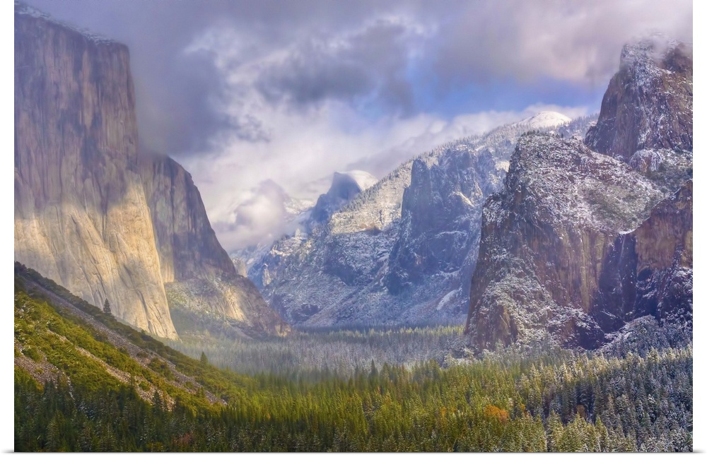 A landscape of Tunnel view right after a morning storm at Yosemite National Park. On the left, stands El Capitan and Three...