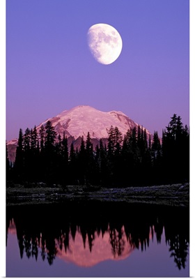 Tipsoo Lake and full moon at Mount Rainier National Park, Washington