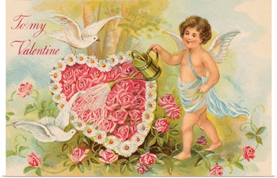 To My Valentine Postcard with Cherub Watering Flowers