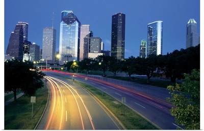 Traffic on the road at night, Allen Parkway, Houston, Texas