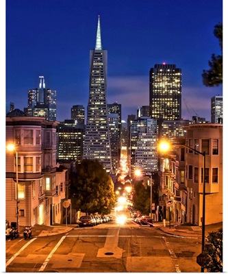Transamerica pyramid during blue hour seen from Montgomery street.