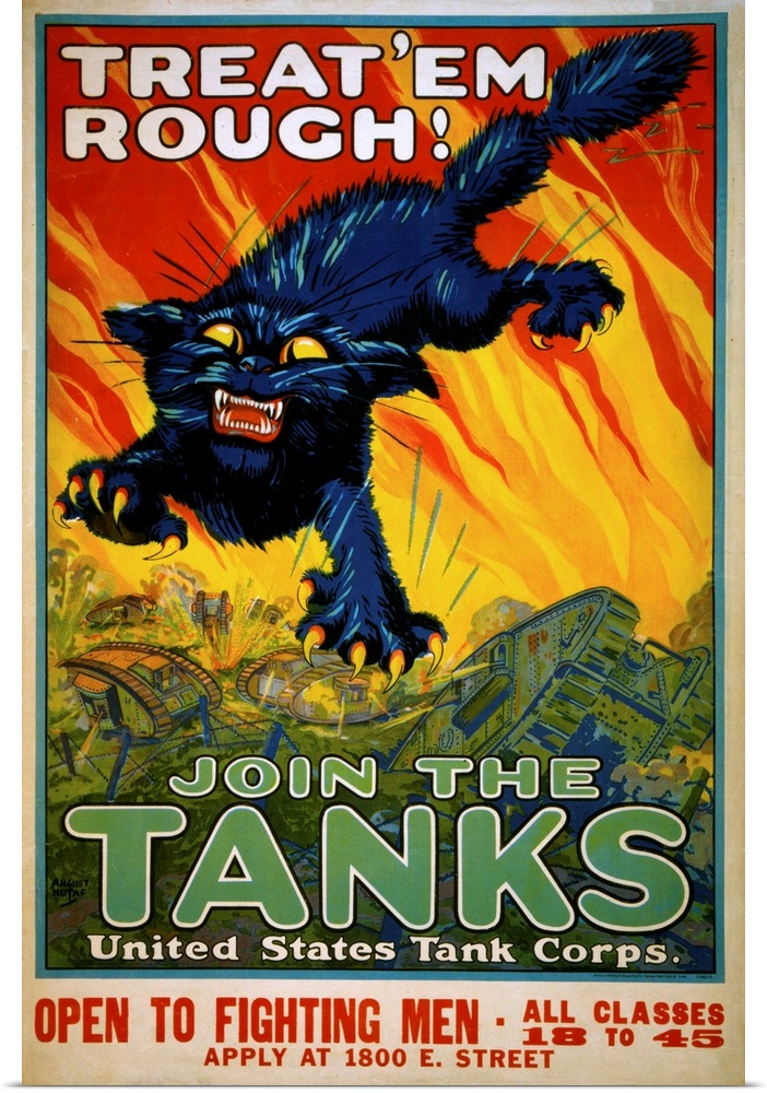 Poster from 1917 showing a black cat with prominent fangs and claws leaping above a battlefield with tanks. 104 x 70 cm.