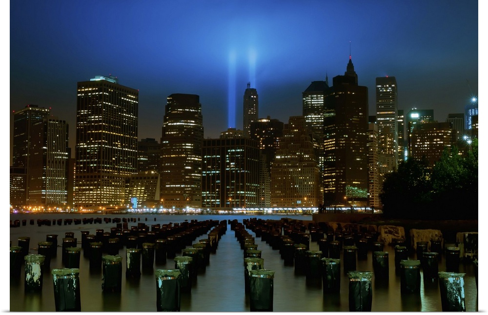 10th Anniversary of September 11 World Trade Center attack. A Low cloud ceiling reflected some of the light back. Taken fr...
