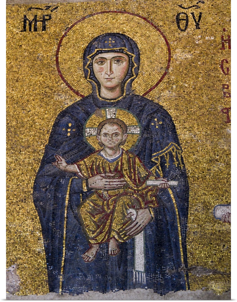 Turkey, Hagia Sophia Mosque, Close up of  mosaic depicting Virgin Mary with baby Jesus