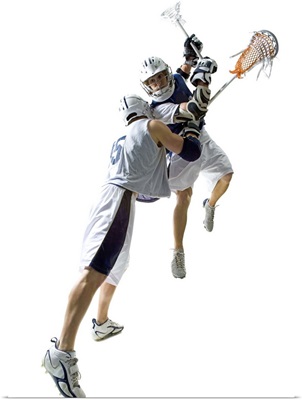 Two young men playing lacrosse