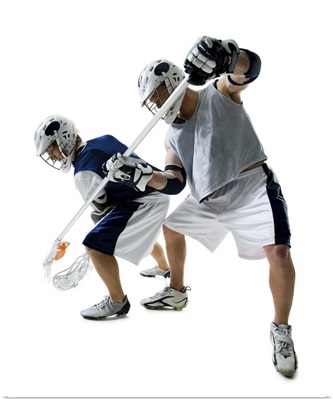 Two young men playing lacrosse