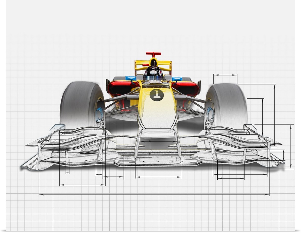 Unfinished drawing of yellow race car with driver