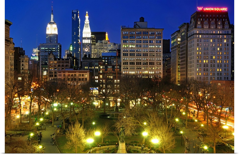 Aerial view of Union Square in Manhattan, New York City at night.