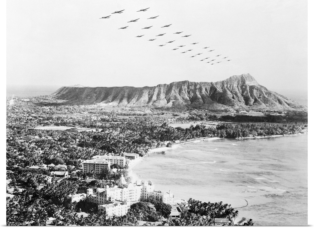 The White House announced that Japanese planes attacked Hawaii. Soon after as shown here, U. S. medium bombers fly over di...
