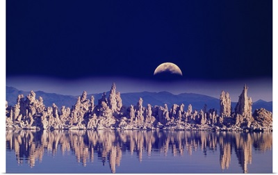 USA, CA, Mono Lake, tufas and moon (Digital Composite)