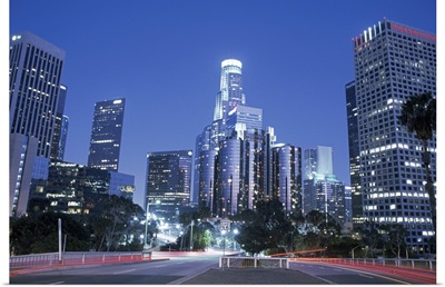 USA, California, Los Angeles, downtown at night (long exposure)