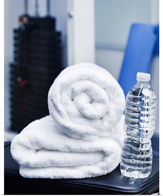 USA, New Jersey, Jersey City, Close up of towel and bottle in gym