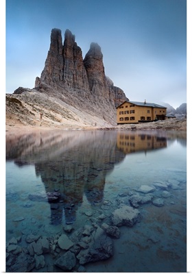 Vajolet towers in group of Catinaccio, with refuge Re Alberto, Dolomites, Italy.