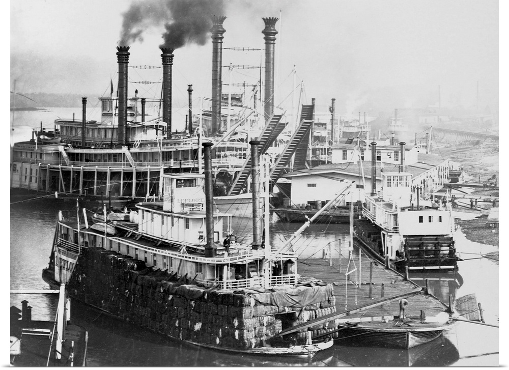 River Boats docked at the Vicksburg Levee, Mississippi, 1885. | Location: Vickburg, Mississippi, USA.
