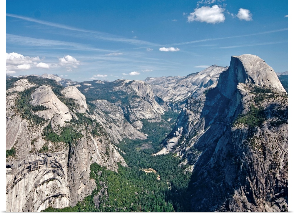 View from Glacier Point. North Dome left, Half Dome to the right hand side. Yosemite National Park, Sierra Nevada.