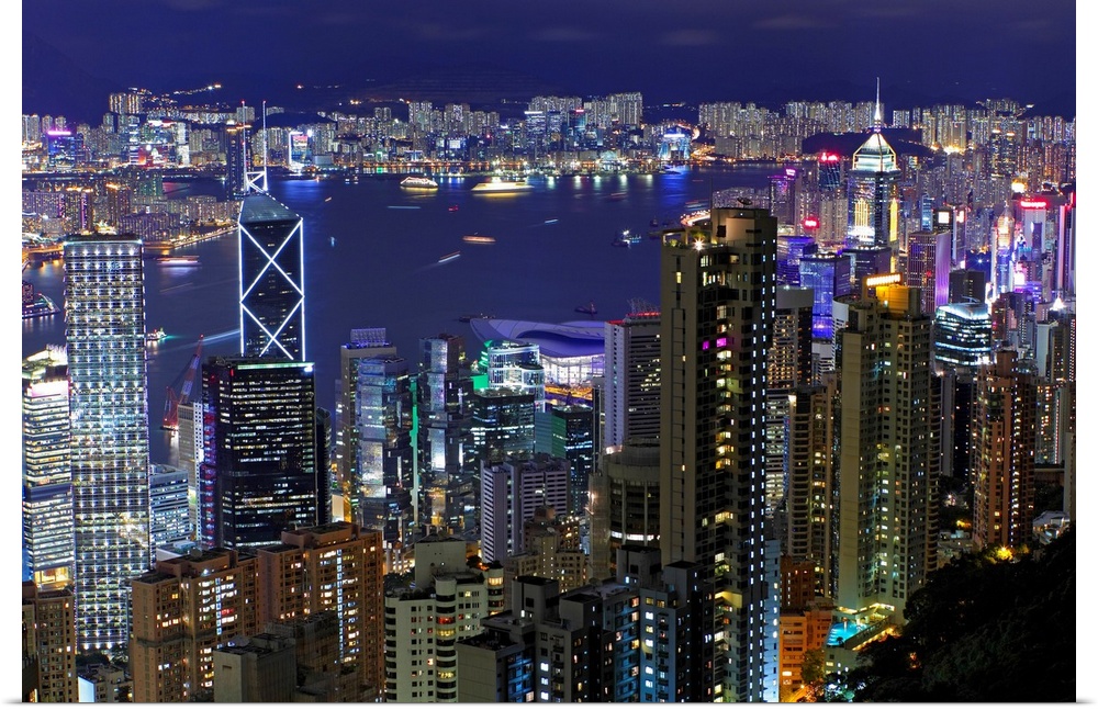 View of cityscape of Hong Kong at night.