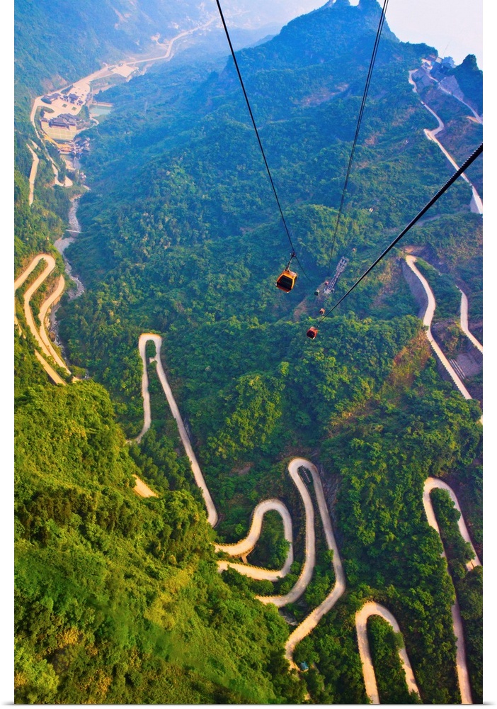 View of mountains and winding road in Mount Tianmen, National Forest Park in western Hunan province of China.