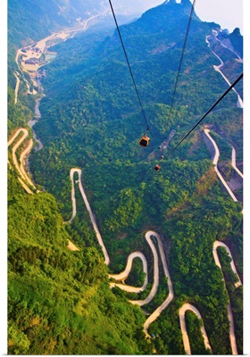 View of mountains and winding road in Mount Tianmen, National Forest Park