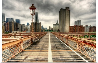 View of New York skyline from Brooklyn Bridge.