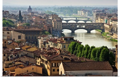 View of the historic center including river Arno and Ponte Vechio, Florence, Italy