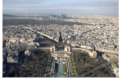 View over Trocadero from top floor of Eiffel tower, Paris, France.